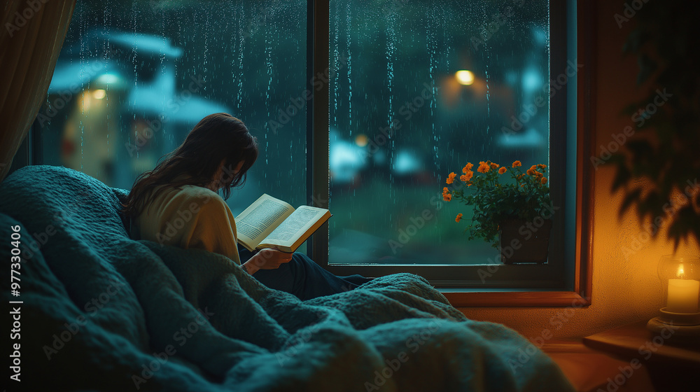 A woman curled up with a blanket, reading a book while raindrops trickle down the window A woman curled up with a blanket, reading a book while raindrops trickle down the window