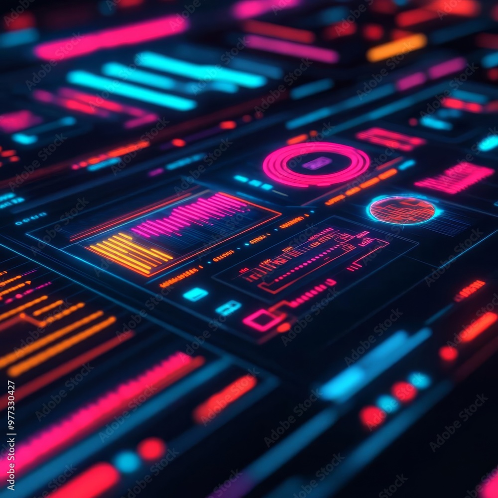 Real-time holographic UI performance testing, neon analytics, futuristic design Real-time holographic UI performance testing, neon analytics, futuristic design