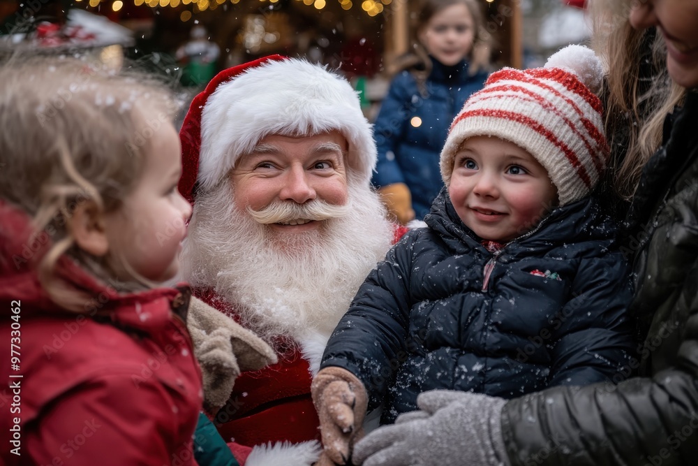 Santa Claus is joyfully interacting with young children amidst a festive market backdrop, creating a heartwarming scene filled with smiles, magic, and holiday cheer. Santa Claus is joyfully interacting with young children amidst a festive market backdrop, creating a heartwarming scene filled with smiles, magic, and holiday cheer.