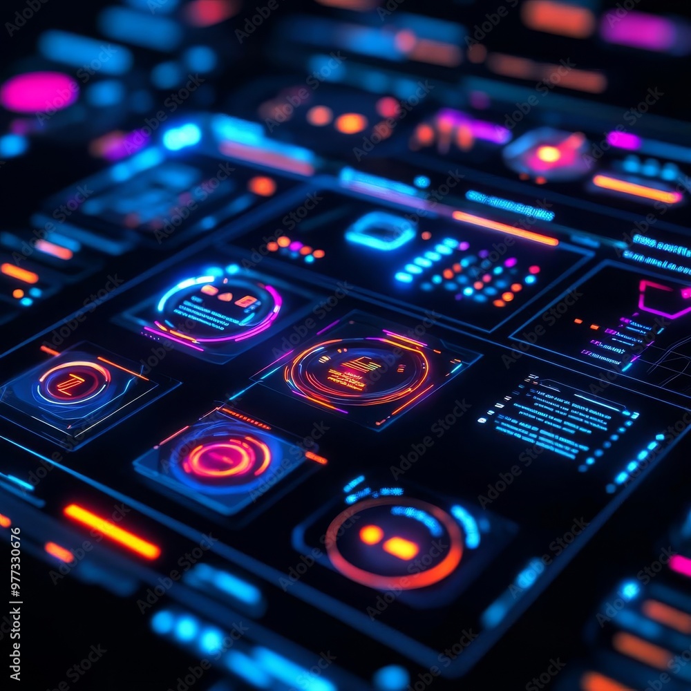 Real-time holographic UI updates, glowing software design tools, futuristic elements Real-time holographic UI updates, glowing software design tools, futuristic elements