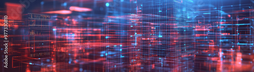 Abstract digital grid showcasing futuristic technology concept with glowing blue and red lines, representing data network and information flow.