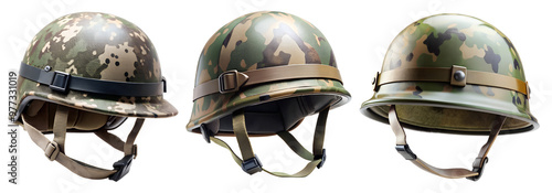 Set of military helmets isolated on transparent background. Concept of war and security. photo