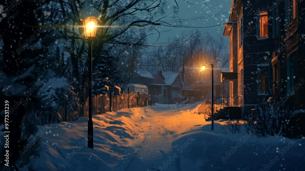 Snowy village street at night with glowing street lamps. seamless, looping, 4k, time-lapse, video, background Snowy village street at night with glowing street lamps. seamless, looping, 4k, time-lapse, video, background