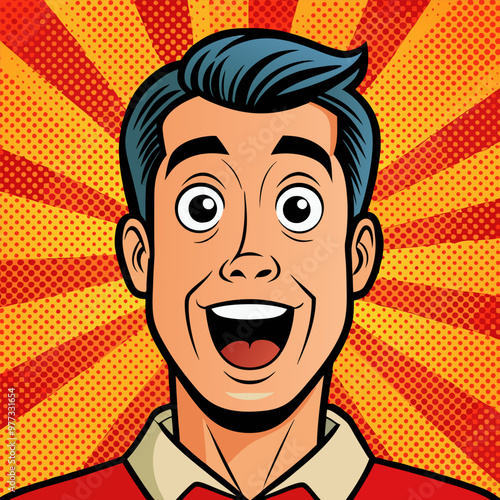 Face of an admiring or surprised young man. Retro pop art comic style. Vector illustration.