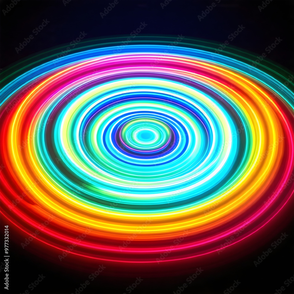 A series of concentric rings made of glowing light, gradually changing colors as they expand outward against a black background. A series of concentric rings made of glowing light, gradually changing colors as they expand outward against a black background.