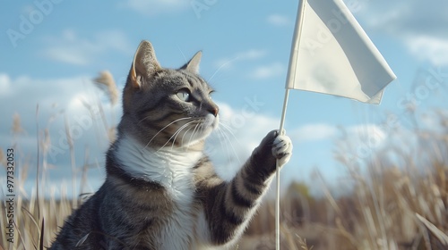 Cat with White Flag: A curious cat sitting with a white flag held delicately in its paw. 
 photo