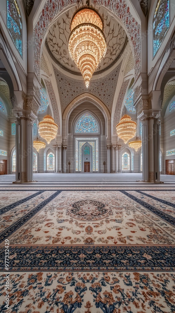 Fototapeta premium Interior View of Mosque with Geometric Patterns, Chandeliers, and Prayer Mats