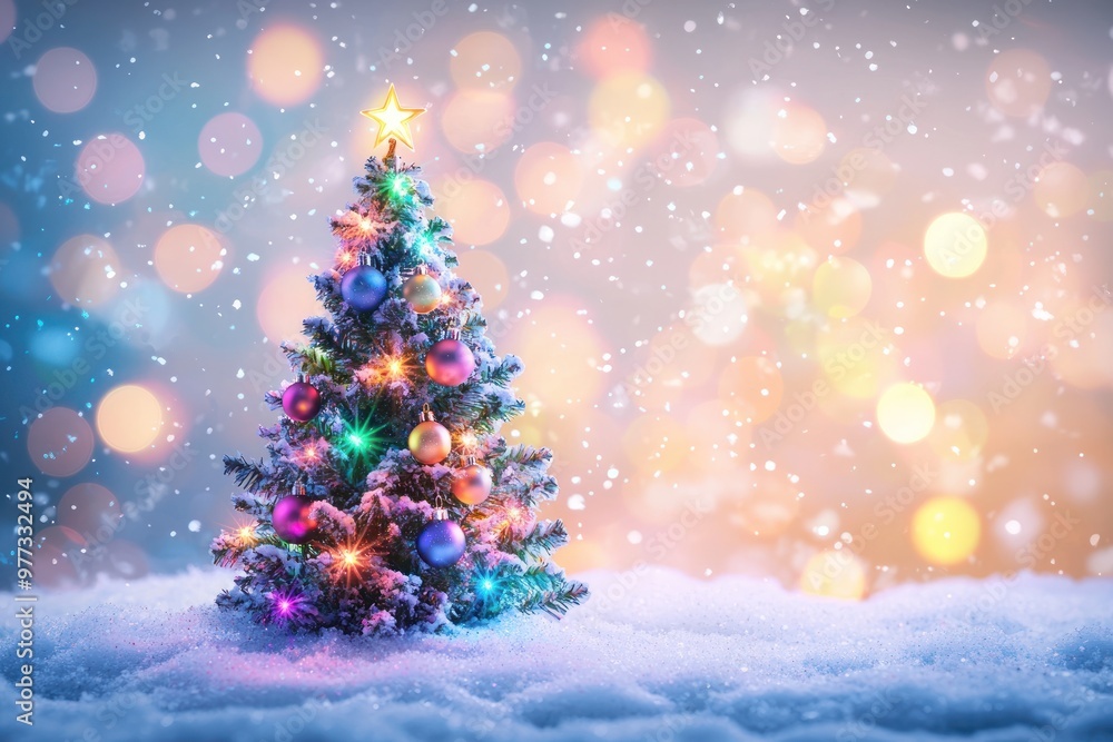 A colorful pastel illustration showing a small Christmas tree decorated with lights, set against a snowy landscape, with a bokeh-like background. The colors include blue, purple, pink, orange, yellow, A colorful pastel illustration showing a small Christmas tree decorated with lights, set against a snowy landscape, with a bokeh-like background. The colors include blue, purple, pink, orange, yellow,