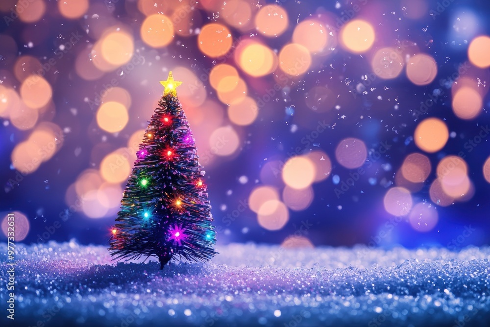 A colorful pastel illustration showing a small Christmas tree decorated with lights, set against a snowy landscape, with a bokeh-like background. The colors include blue, purple, pink, orange, yellow, A colorful pastel illustration showing a small Christmas tree decorated with lights, set against a snowy landscape, with a bokeh-like background. The colors include blue, purple, pink, orange, yellow,