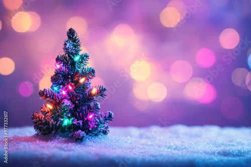 A colorful pastel illustration showing a small Christmas tree decorated with lights, set against a snowy landscape, with a bokeh-like background. The colors include blue, purple, pink, orange, yellow,