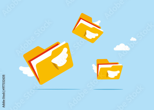 Files folders with wings fly in sky. Home delivery, courier, parcel post, international trade and online shopping. Flat vector illustration