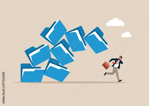 Frustrated businessman run away from collapsing stack of files folders. Communication problem or overload, too many folders. Modern vector illustration in flat style