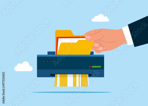 Hand human feed files folder into shredder to destroy losing all his wealth. Documents shred bad online data, causing losing money. Flat vector illustration.