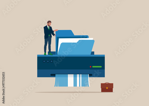 Businessman hand feed files folder into shredder to destroy losing all his wealth. Documents shred bad investment, scam,  causing losing money. Flat vector illustration.