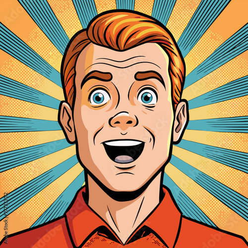Face of an admiring or surprised young man. Retro pop art comic style. Vector illustration.
