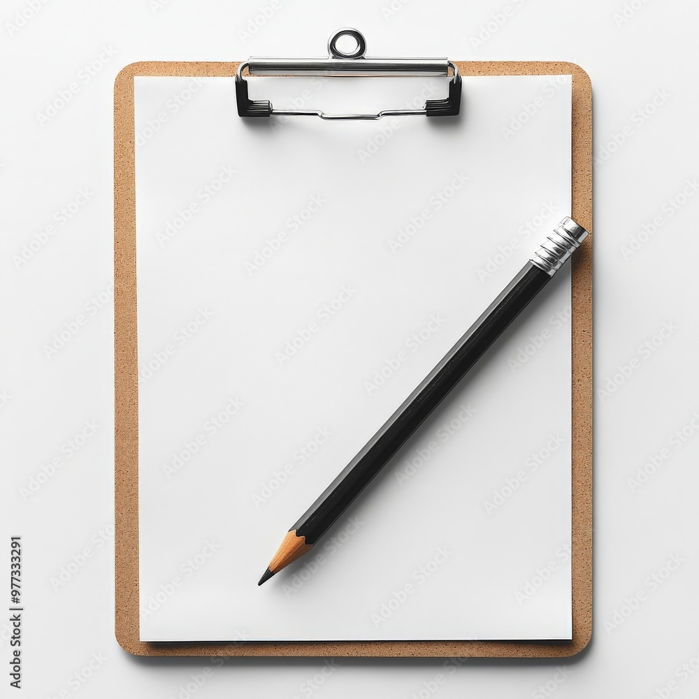 Blank Clipboard with Pencil: A crisp, clean and minimal mockup featuring a clipboard with a blank sheet of paper and a pencil resting on it. This image evokes a sense of readiness and focus, perfect f Blank Clipboard with Pencil: A crisp, clean and minimal mockup featuring a clipboard with a blank sheet of paper and a pencil resting on it. This image evokes a sense of readiness and focus, perfect f
