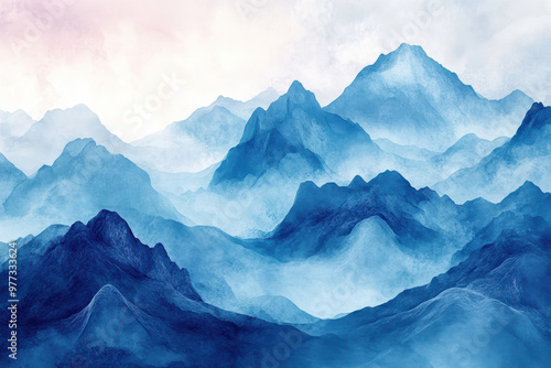 Majestic mountains under a serene sky, with blue hues and misty peaks. Ideal for nature, landscape, and tranquil scene themes. Perfect .