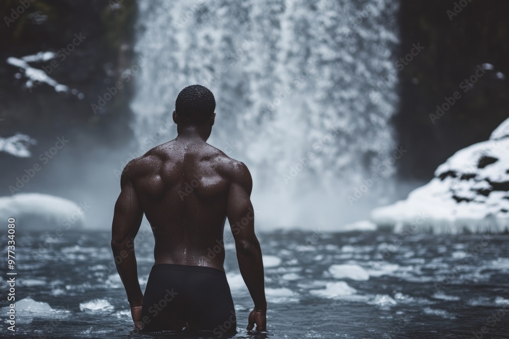 Man standing in icy water with frozen waterfall Man standing in icy water with frozen waterfall