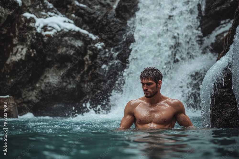 Serious man in icy water by frozen waterfall Serious man in icy water by frozen waterfall
