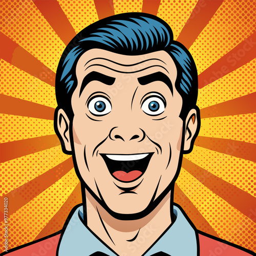 Face of an admiring or surprised young man. Retro pop art comic style. Vector illustration.