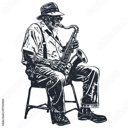 An old gray-haired black man plays the blues on the saxophone, vector illustration