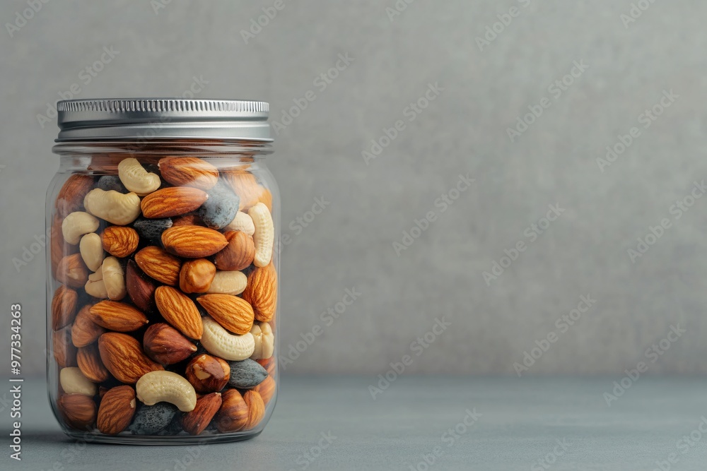 Mixed nuts and seeds in a glass jar, brain-boosting snack, healthy and natural food storage. Mixed nuts and seeds in a glass jar, brain-boosting snack, healthy and natural food storage.