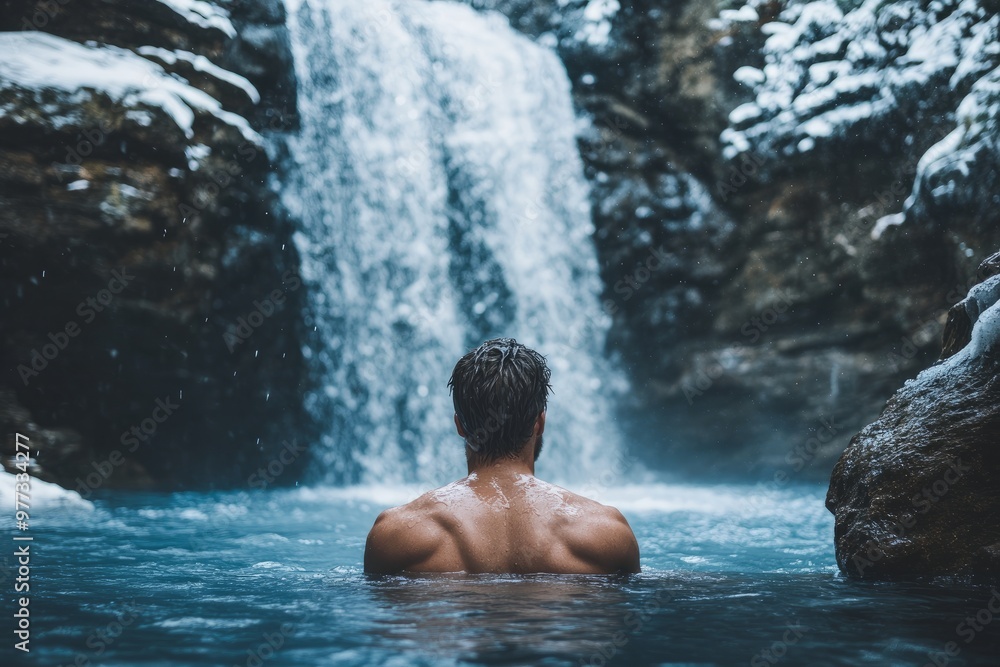 Man facing a powerful waterfall in winter Man facing a powerful waterfall in winter