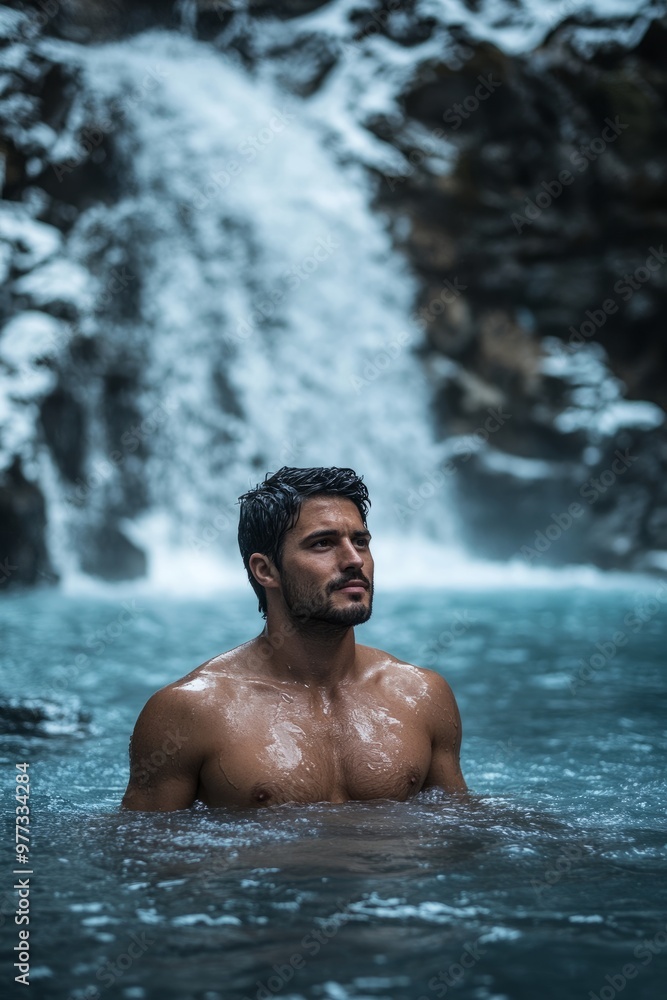 Man standing in a waterfall pool, focused and calm Man standing in a waterfall pool, focused and calm