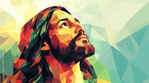 Jesus Christ in geometric illustration style, where His figure is formed by precise shapes and lines, creating a modern interpretation. photo