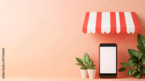 Shop icon, mobile phone, mobilefriendly ecommerce store, 3D illustration photo