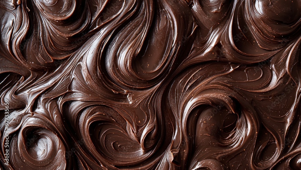 Close-up of chocolate swirls in liquid form, showcasing the rich texture and color of dark chocolate. The swirling patterns create an abstract background that evokes feelings of indulgence and temptin Close-up of chocolate swirls in liquid form, showcasing the rich texture and color of dark chocolate. The swirling patterns create an abstract background that evokes feelings of indulgence and temptin