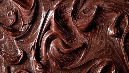 Close-up of chocolate swirls in liquid form, showcasing the rich texture and color of dark chocolate. The swirling patterns create an abstract background that evokes feelings of indulgence and temptin