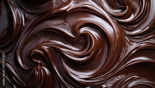 Close-up of chocolate swirls in liquid form, showcasing the rich texture and color of dark chocolate. The swirling patterns create an abstract background that evokes feelings of indulgence and temptin