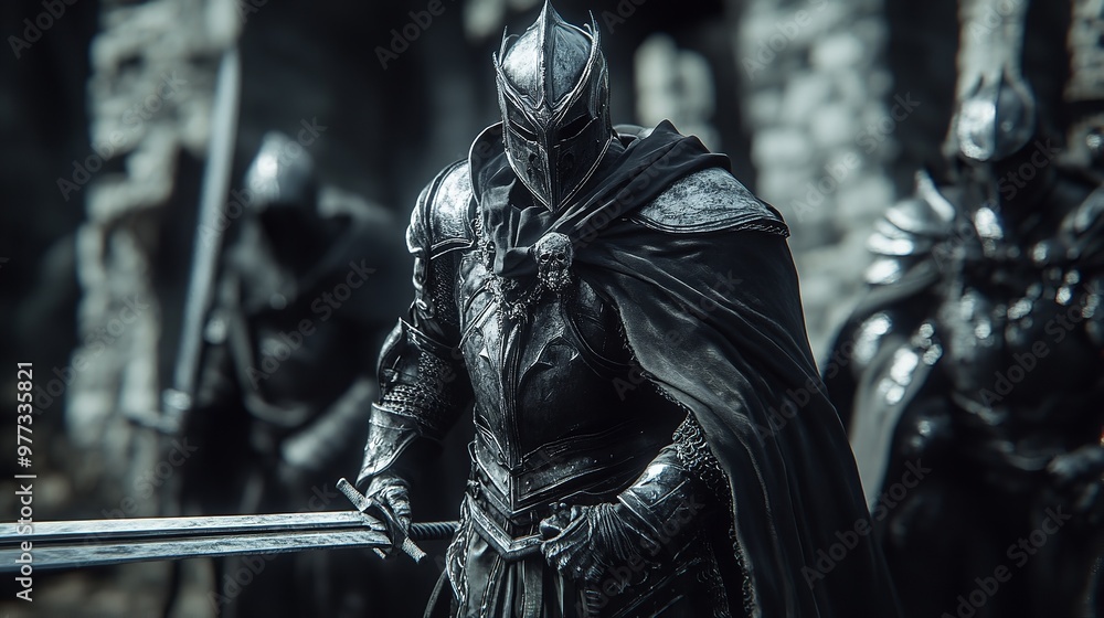 A person dressed as a knight in a close up shot within a woodland A person dressed as a knight in a close up shot within a woodland