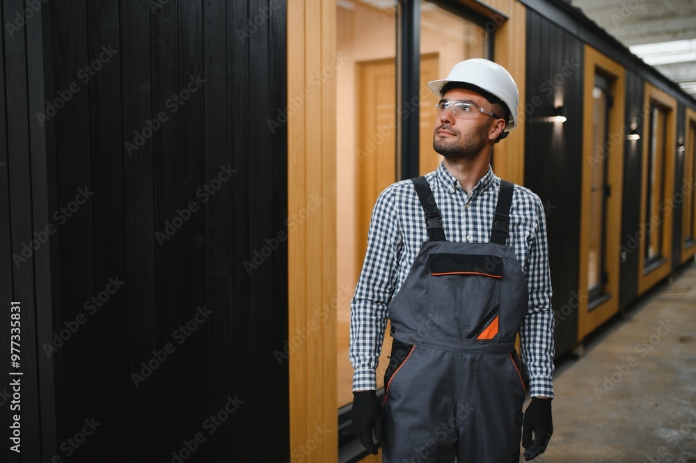 Portrait of a young carpenter worker in a helmet at the construction site of modular houses Portrait of a young carpenter worker in a helmet at the construction site of modular houses