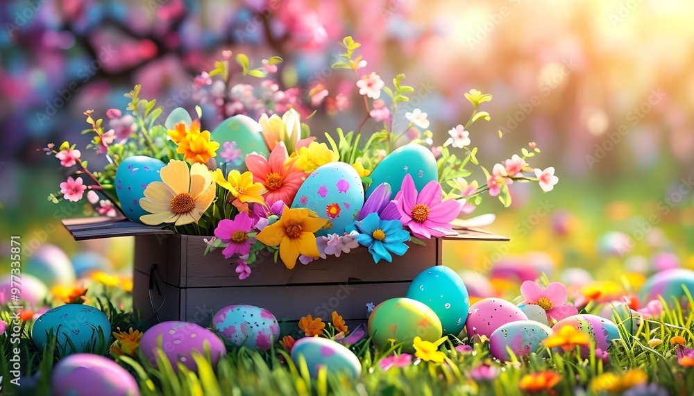 A cardboard box filled with colorful Easter eggs, surrounded by vibrant flowers in a sunny meadow. A cardboard box filled with colorful Easter eggs, surrounded by vibrant flowers in a sunny meadow.