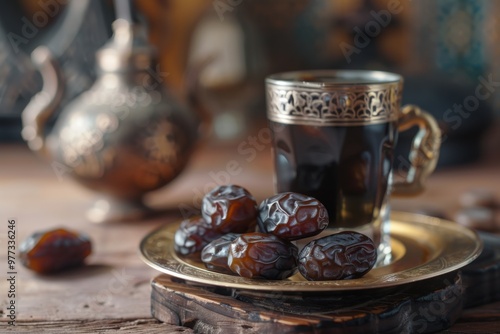 Ajwa dates with a glass of Arabic coffee