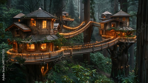 Eco-friendly treehouse community in redwood forest: A network of eco-friendly treehouses is nestled high among the towering redwoods, creating a sustainable, harmonious community in the heart 