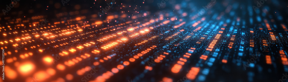 Obraz premium Abstract technology background with glowing blue and orange binary code. Digital data flow, futuristic concept, and cybersecurity theme.