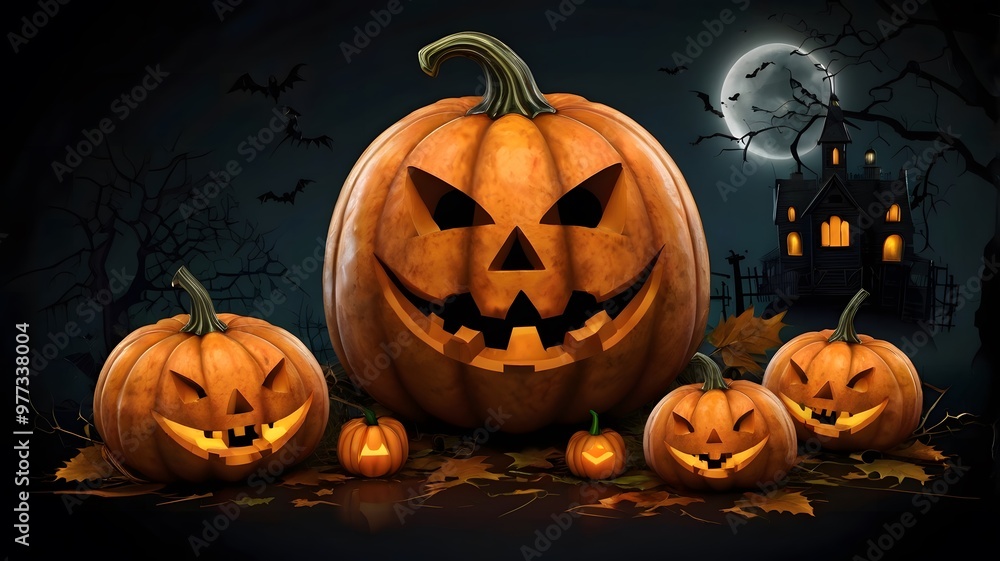 Spooky carved Halloween pumpkin with an evil face on a dark background Spooky carved Halloween pumpkin with an evil face on a dark background