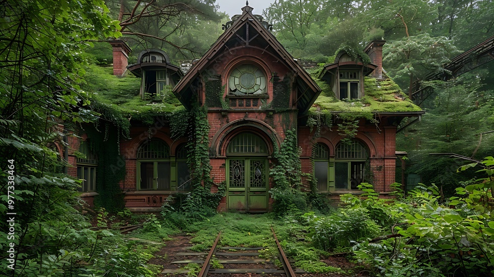 Abandoned Art Nouveau railway station reclaimed by nature: An ornate Art Nouveau railway station, once bustling with life, now stands overgrown with vines and foliage, a haunting blend of decay Abandoned Art Nouveau railway station reclaimed by nature: An ornate Art Nouveau railway station, once bustling with life, now stands overgrown with vines and foliage, a haunting blend of decay