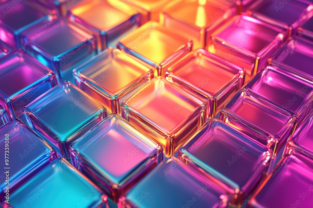 Vibrant multicolored glass squares illuminated with bright light, creating an abstract pattern that exudes modernity and artistic elegance. Vibrant multicolored glass squares illuminated with bright light, creating an abstract pattern that exudes modernity and artistic elegance.
