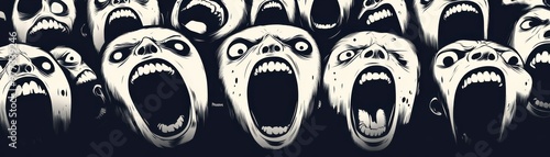 A striking illustration featuring a crowd of screaming faces, evoking intense emotions and a sense of chaos and urgency.