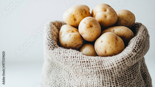 Freshly harvested potatoes in a burlap sack on a neutral background for culinary inspiration