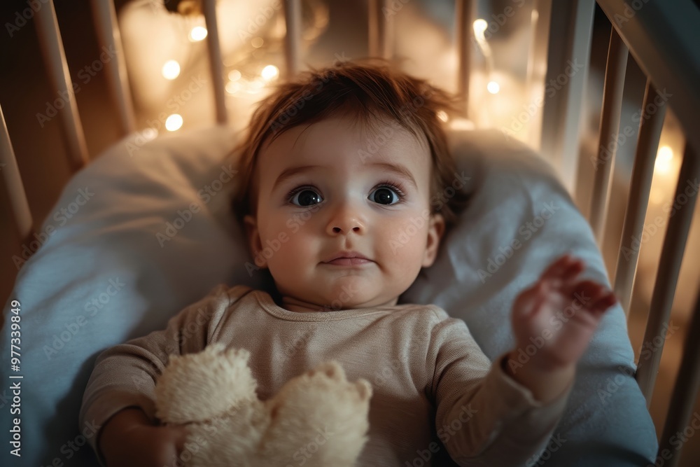 A wide-eyed baby curiously holds a plush toy, surrounded by soft lighting in a crib, conveying a sense of wonder and discovery in a cozy and warm ambiance. A wide-eyed baby curiously holds a plush toy, surrounded by soft lighting in a crib, conveying a sense of wonder and discovery in a cozy and warm ambiance.