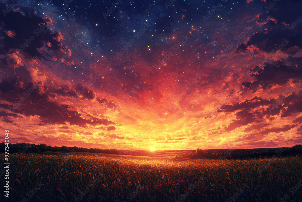 Breathtaking sunset landscape with vibrant colors, starry night sky, and serene meadow. Perfect for nature, sky, and tranquil scenery themes. Breathtaking sunset landscape with vibrant colors, starry night sky, and serene meadow. Perfect for nature, sky, and tranquil scenery themes.