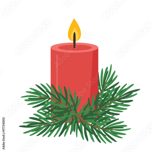 festive, advent candle decorated with fir twigs - vector illustration