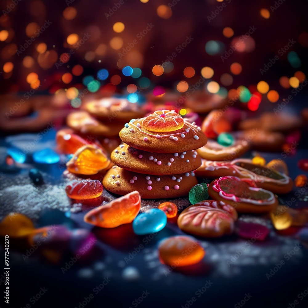 A stack of cookies with colorful candy on a dark surface, with colorful bokeh lights in the background. A stack of cookies with colorful candy on a dark surface, with colorful bokeh lights in the background.