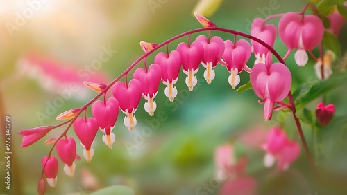 Pretty floral spray of pink bleeding heart vine outdoors with a soft focus background.