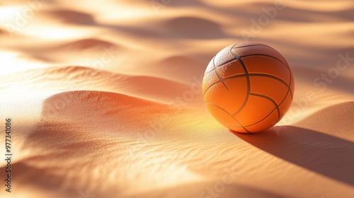 A volleyball icon with a ripple effect around it, as if the ball had just landed in sand or water. photo